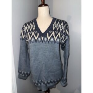 VTG Dale of Norway Pure New Wool Nordic Fair Isle V-Neck Sweater Navy Euro 50 M